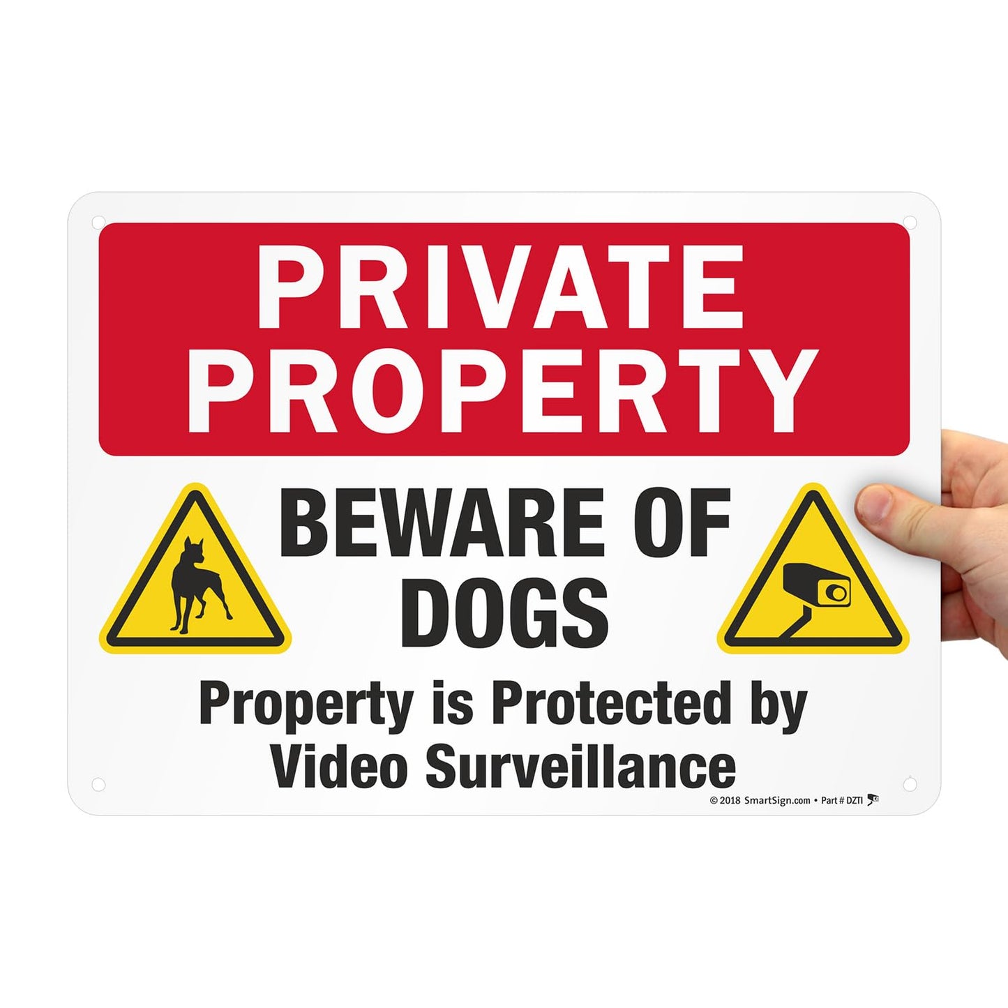 SmartSign 10 x 14 inch “Private Property - Beware Of Dogs, Property Protected By Video Surveillance” Metal Sign, 40 mil Laminated Rustproof Aluminum, Multicolor, Made in USA