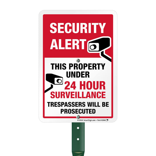 SmartSign Security Alert - This Property Under 24 Hour Surveillance, Trespassers Will Be Prosecuted Sign for Lawn | 21” Tall Stake & Sign Kit, Made in USA