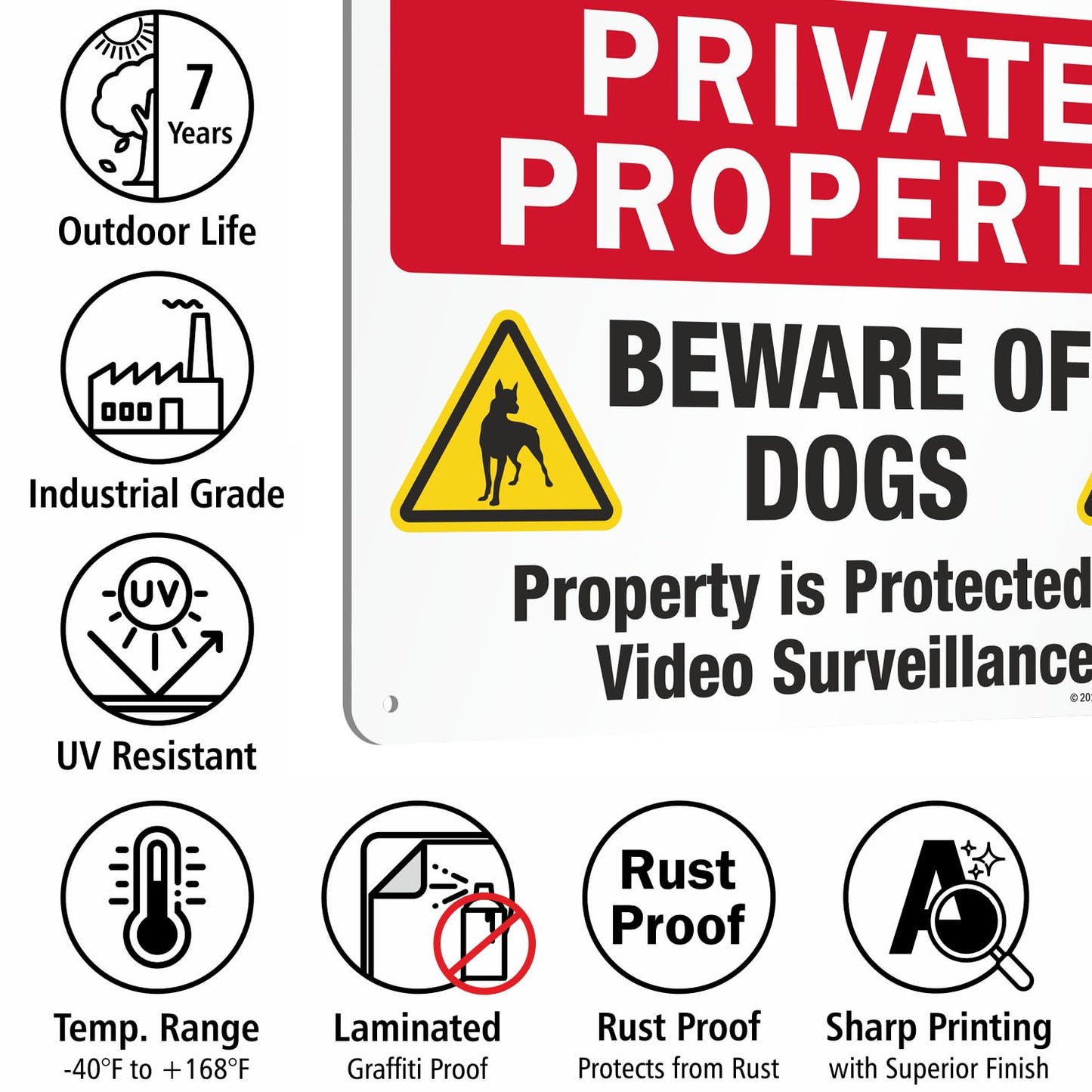 SmartSign 10 x 14 inch “Private Property - Beware Of Dogs, Property Protected By Video Surveillance” Metal Sign, 40 mil Laminated Rustproof Aluminum, Multicolor, Made in USA