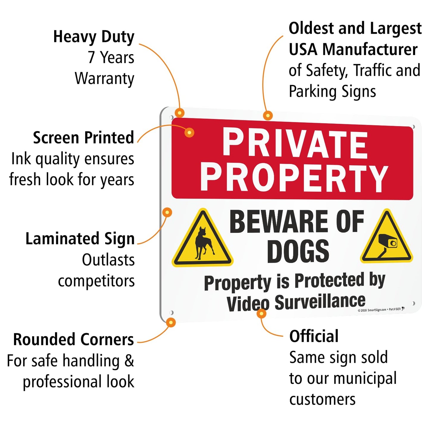 SmartSign 10 x 14 inch “Private Property - Beware Of Dogs, Property Protected By Video Surveillance” Metal Sign, 40 mil Laminated Rustproof Aluminum, Multicolor, Made in USA