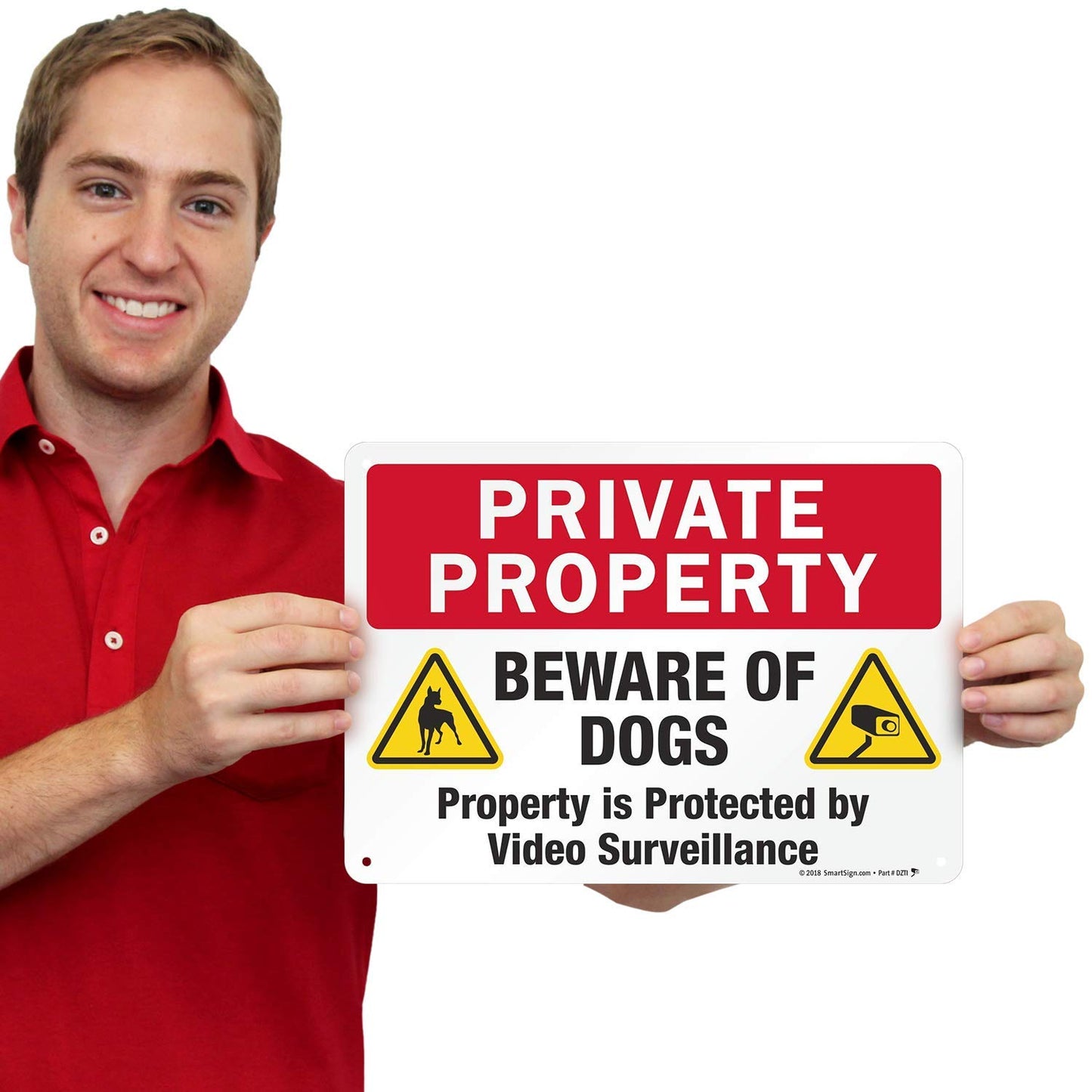 SmartSign 10 x 14 inch “Private Property - Beware Of Dogs, Property Protected By Video Surveillance” Metal Sign, 40 mil Laminated Rustproof Aluminum, Multicolor, Made in USA